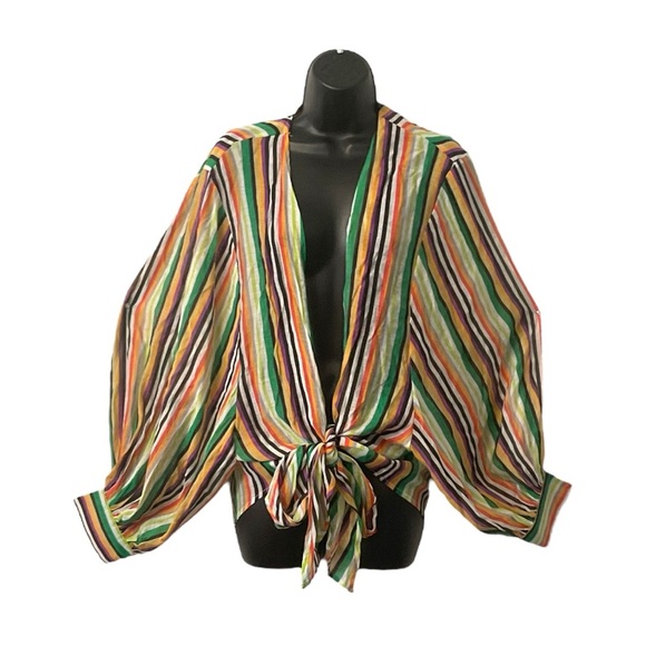 Gi Gio Green Multi Colored Striped Tie Up Top SZ S Women Blouse Boho Festival - Picture 1 of 6